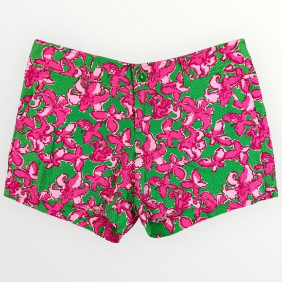 LILLY PULITZER Womens Textured Floral Butterfly Green Pink Mini Summer Shorts 6 - Picture 1 of 7